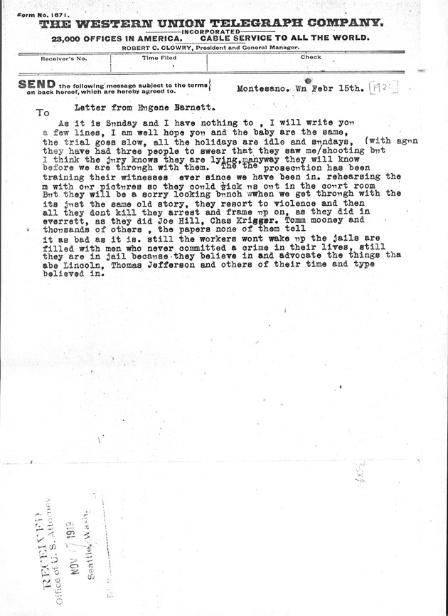 Telegram from Eugene Barnett
