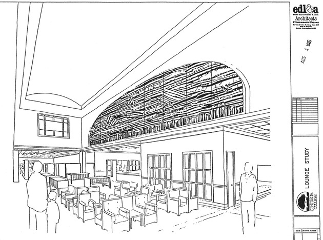 [Architect's rendering of library lounge with mural]