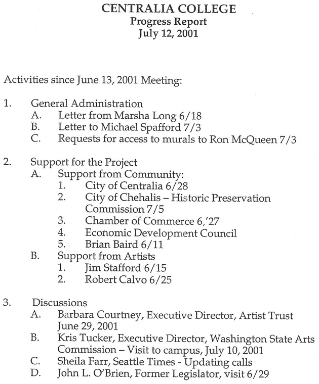 Centralia College Progress Report: Activities since June 13, 2001 meeting