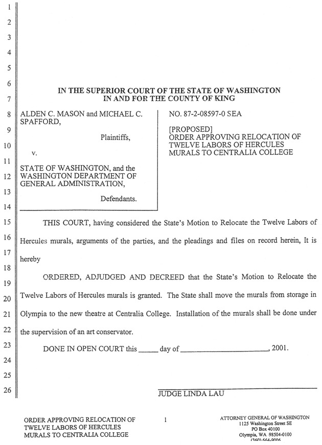 [Proposed] order approving relocation of Twelve Labors of Hercules murals to Centralia College