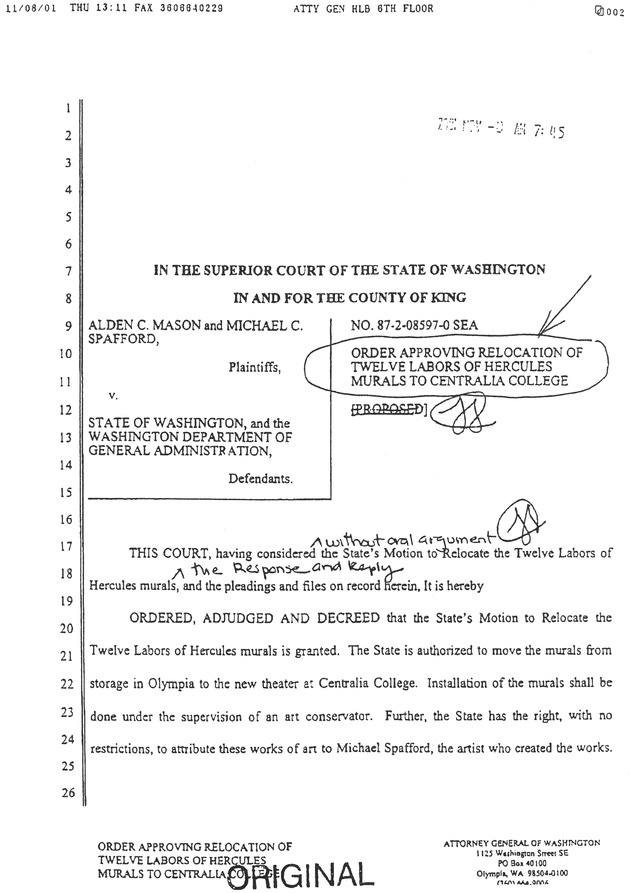 Order approving relocation of Twelve Labors of Hercules murals to Centralia College