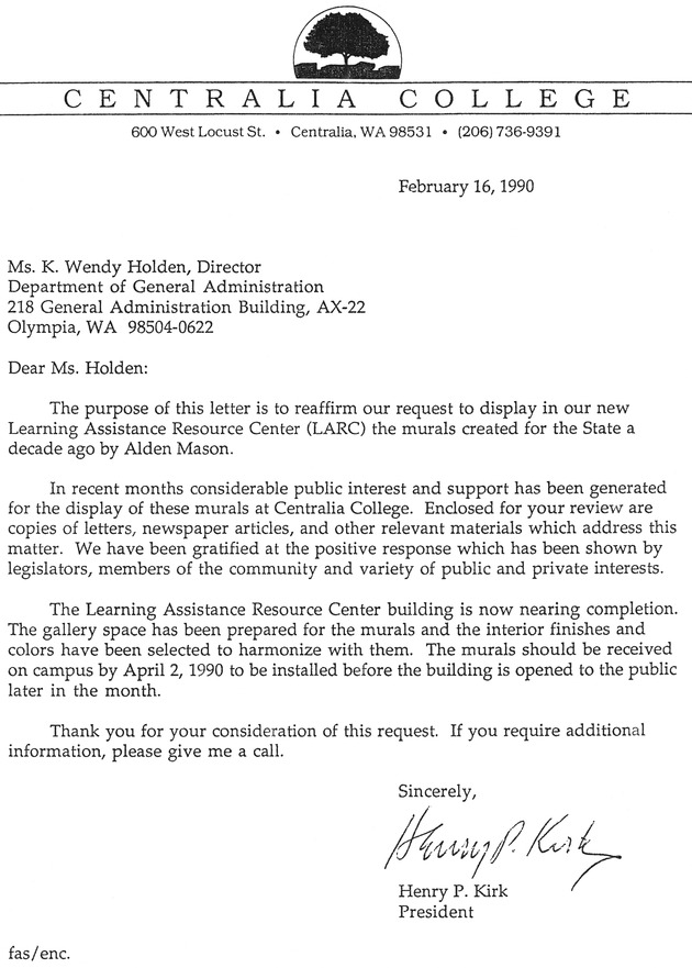 [Letter from Henry Kirk to K. Wendy Holden]