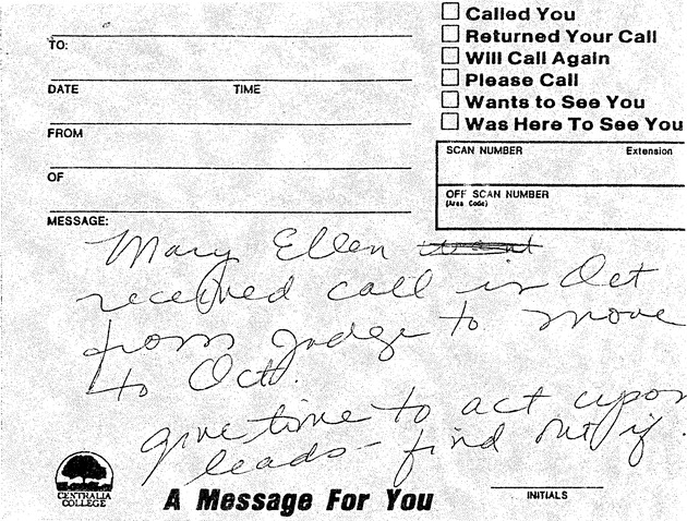 [handwritten message on Centralia College message pad paper]