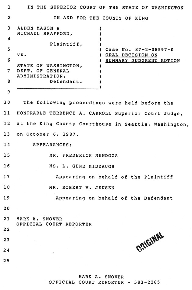 Oral decision on summary judgment motion