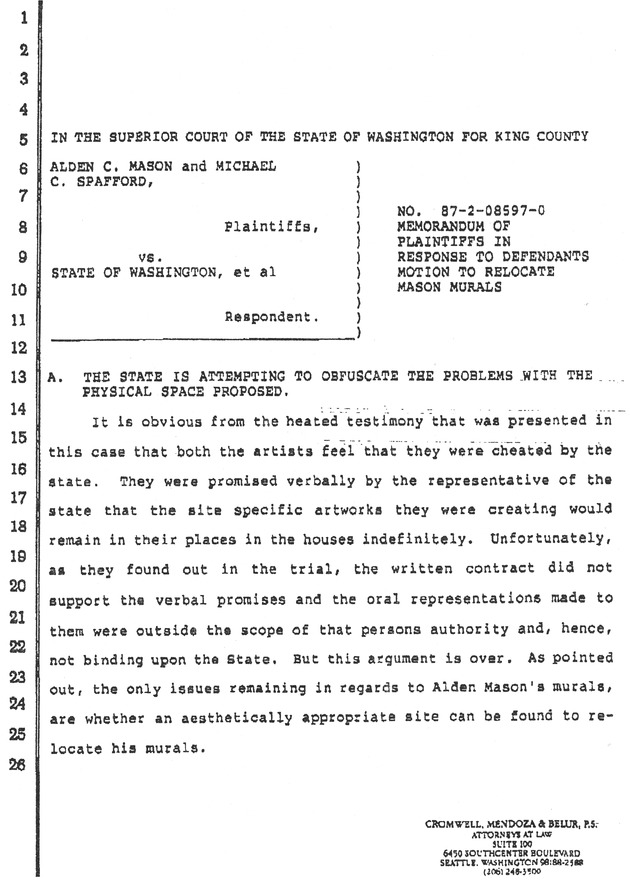 Memorandum of plaintiffs in response to defendants motion to relocate murals