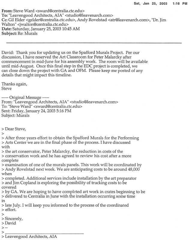 [Emails between Steve Ward and David Leavengood on Spafford Murals project]