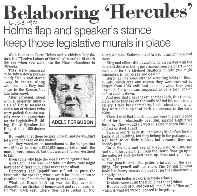 Belaboring "Hercules": Helms flap and speaker's stance keep those legislative murals in place