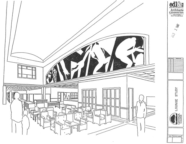 [Architect's drawing of Spafford mural in place in Learning Assistance Resource Center/Library]