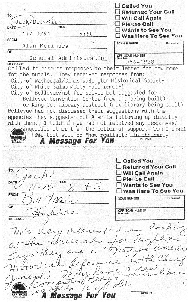 Phone message slips to Kalmbach and Kirk with messages from Alan Kurimura at GA and Bill Mair from Highline Community College about cities and institutions interested in Mason murals