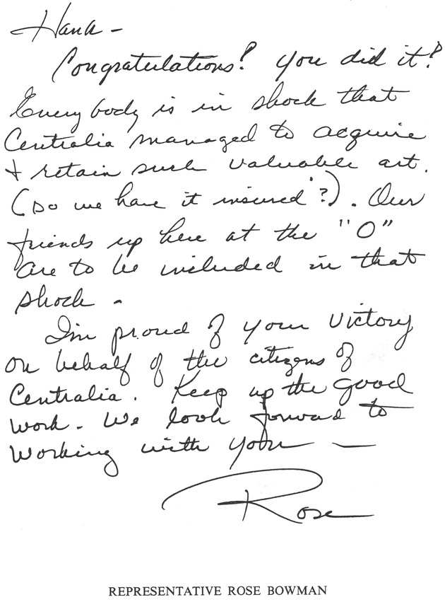[Note of congratulations from Rose Bowman to Hank Kirk for obtaining the Mason Murals]