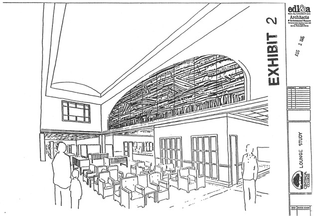 [Architect's drawing of Mason mural in place on north wall of Centralia College Learning Assistance Resource Center Building]