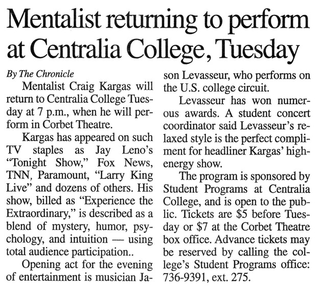 Mentalist returning to perform at Centralia College, Tuesday