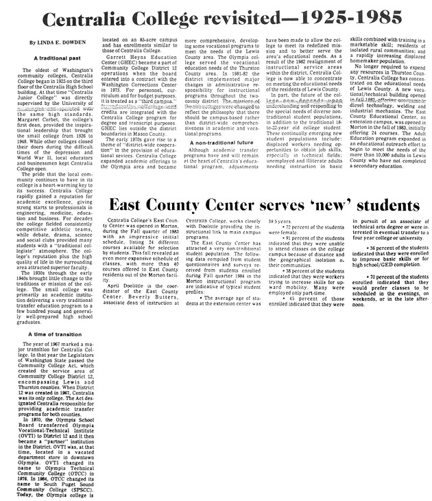 Centralia College revisited -1925-1985