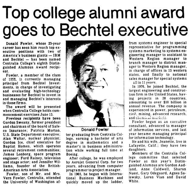 Top College alumni award goes to Bechtel executive