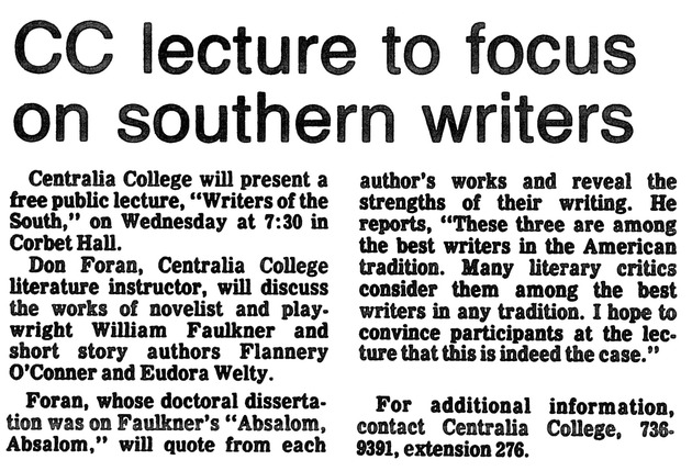 CC lecture to focus on southern writers