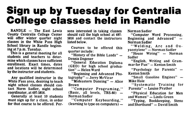 Sign up by Tuesday for Centralia College classes held in Randle
