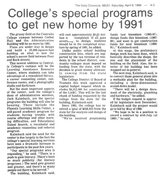 College's special programs to get new home by 1991