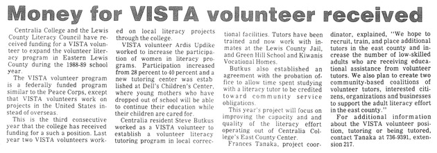 Money for VISTA volunteer received