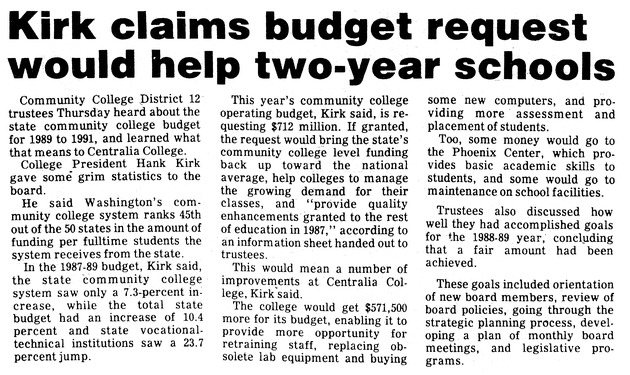 Kirk claims budget request would help two-year schools