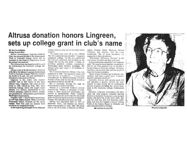Altrusa donation honors Lingreen, sets up college grant in club's name