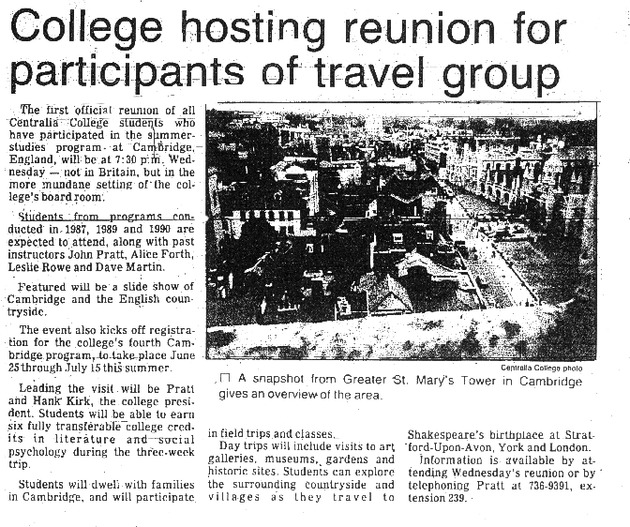 College hosting reunion for participants of travel group: