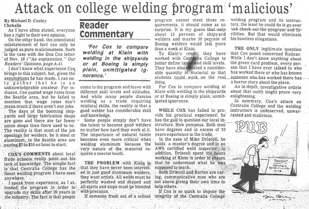 Attack on college welding program 'malicious'
