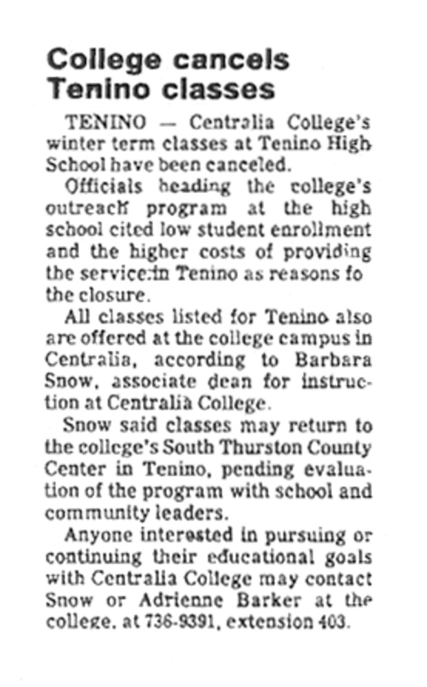 College cancels Tenino classes: