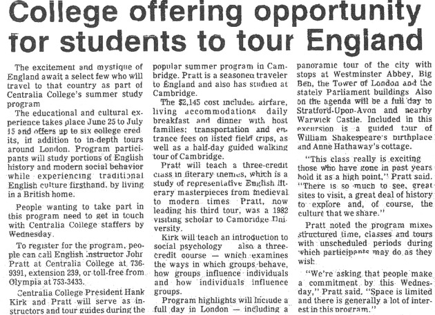 College offering opportunity for students to tour England