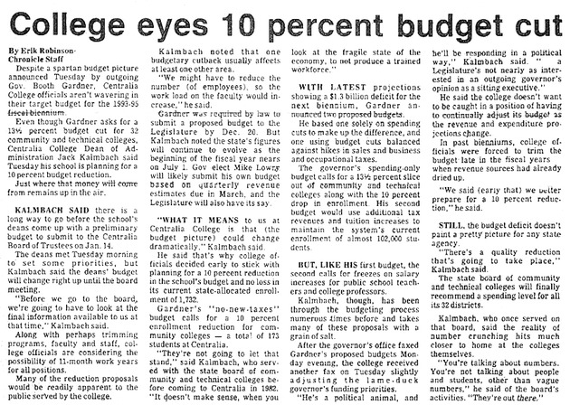 College eyes 10 percent budget cut
