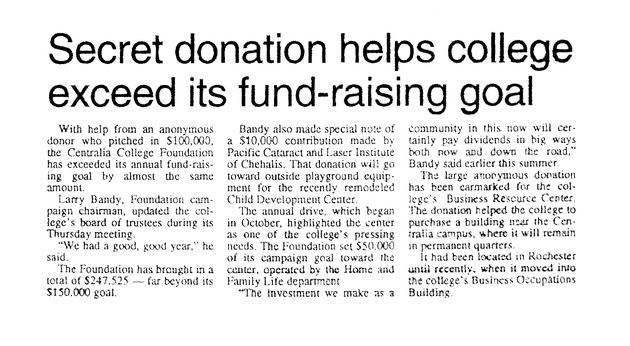 Secret donation helps college exceed its fund-raising goal