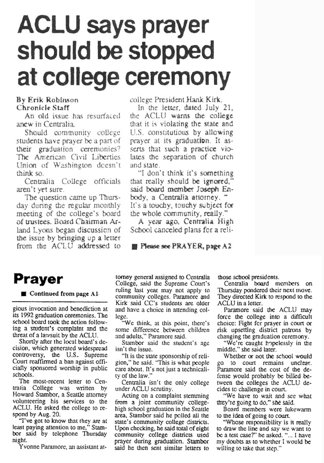 ACLU says prayer should be stopped at college ceremony