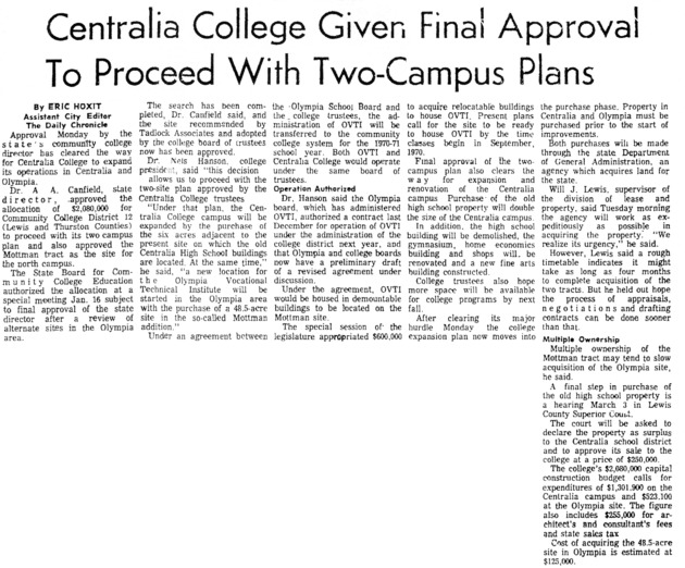 Centralia College Given Final Approval to Proceed with Two-Campus Plans