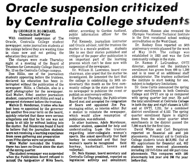 Oracle suspension criticized by Centralia College students