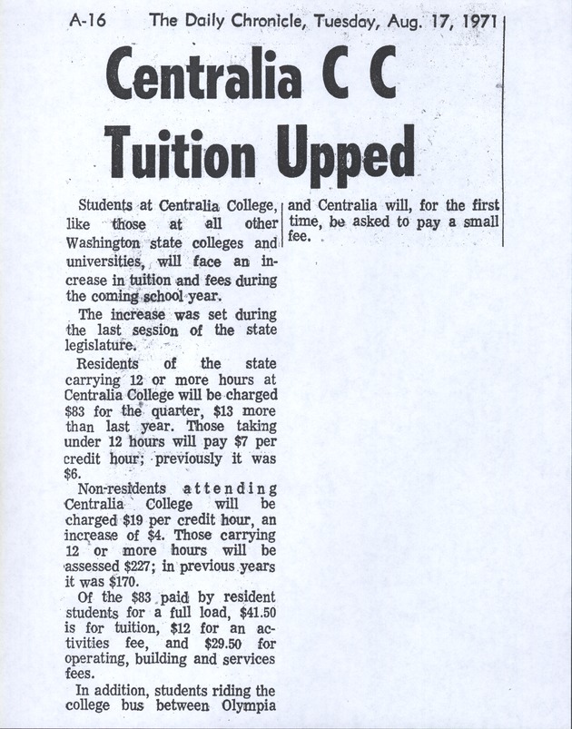 Centralia CC Tuition Upped