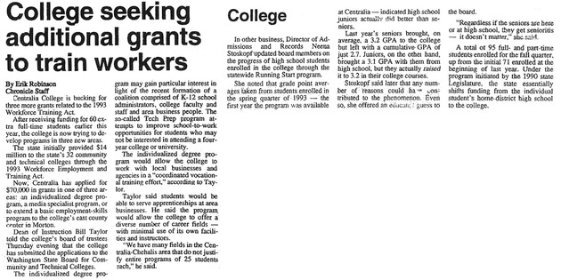 College seeking additional grants to train workers.