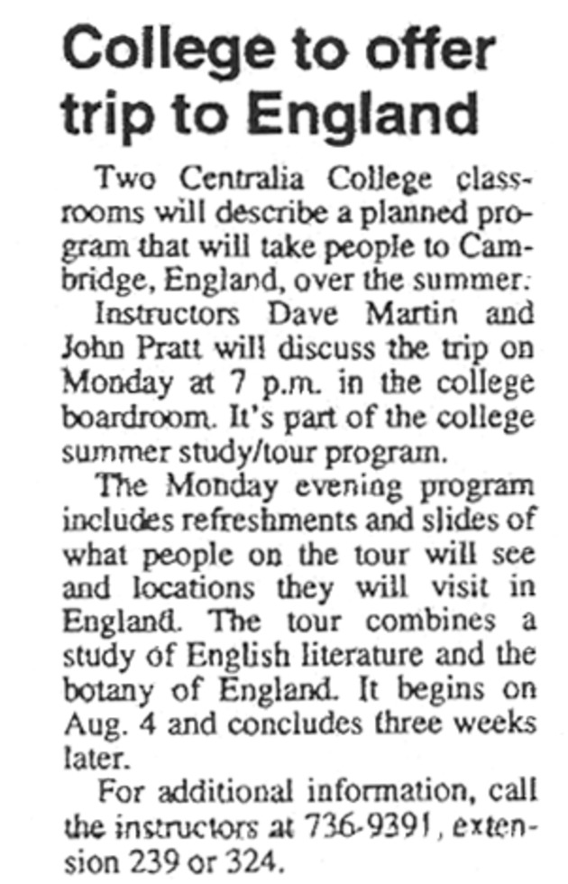 College to offer trip to England.