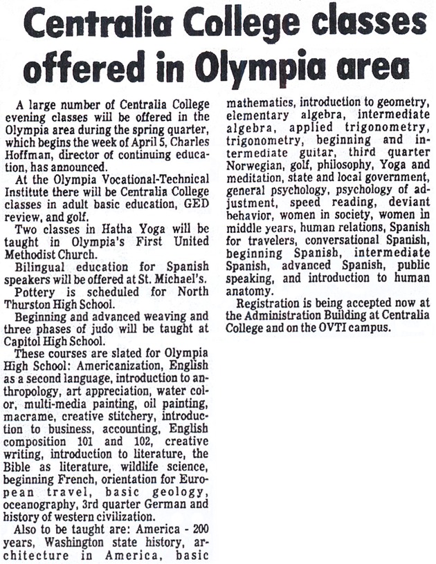 Centralia College classes offered in Olympia area