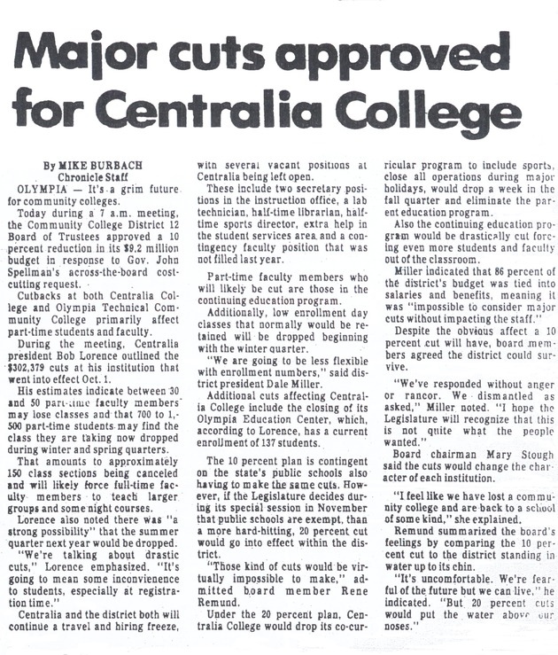 Major cuts approved for Centralia College