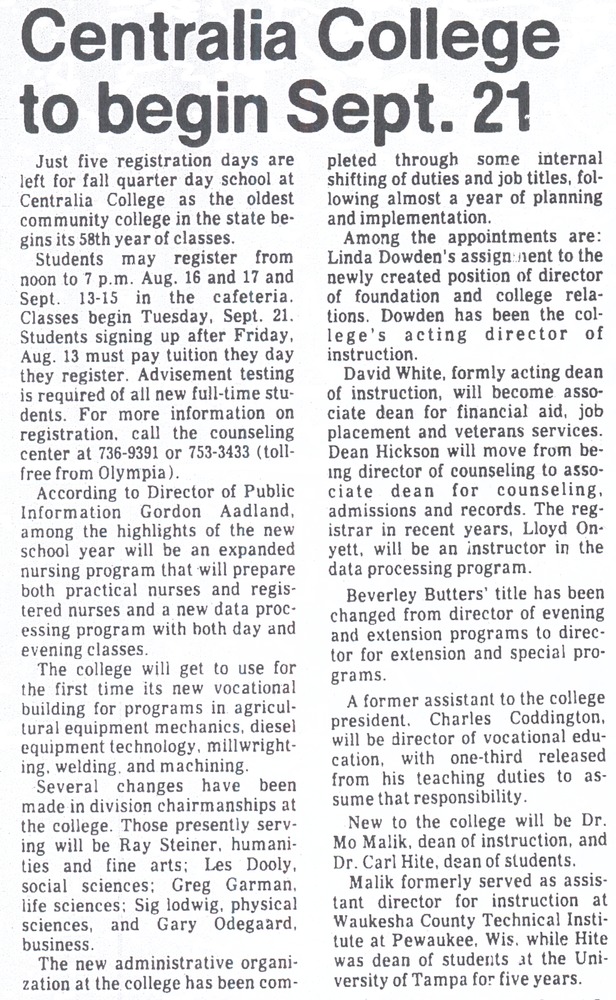 Centralia College to begin Sept. 21