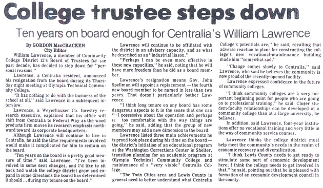 College trustee steps down : Ten years on board enough for Centralia's William Lawrence
