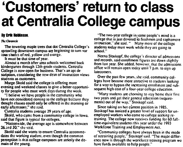 'Customers' return to class at Centralia College campus