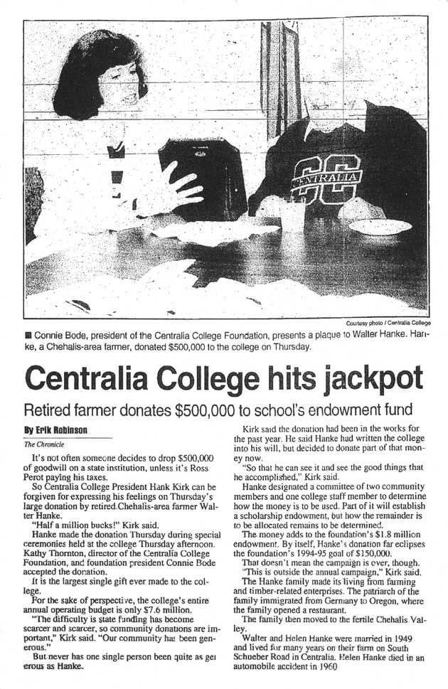 Centralia College hits jackpot: Retired farmer donates $500,000 to school's endowment fund